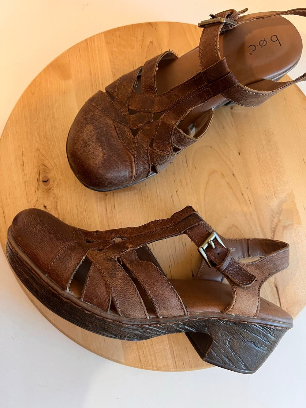 B.O.C Brown Leather Cut out Ankle Strap Clog Shoe Size 10
